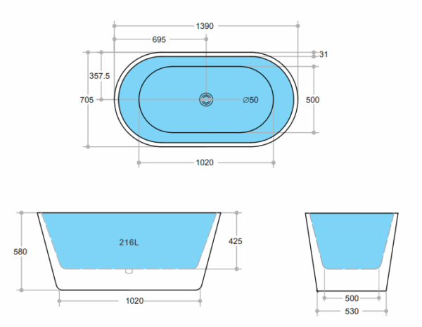 Opal Free Standing Bathtub Gloss White - Image 3