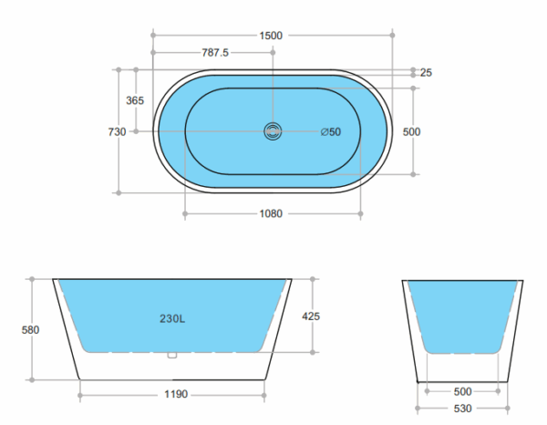 Opal Free Standing Bathtub Mini Gloss Black & White - Image 5