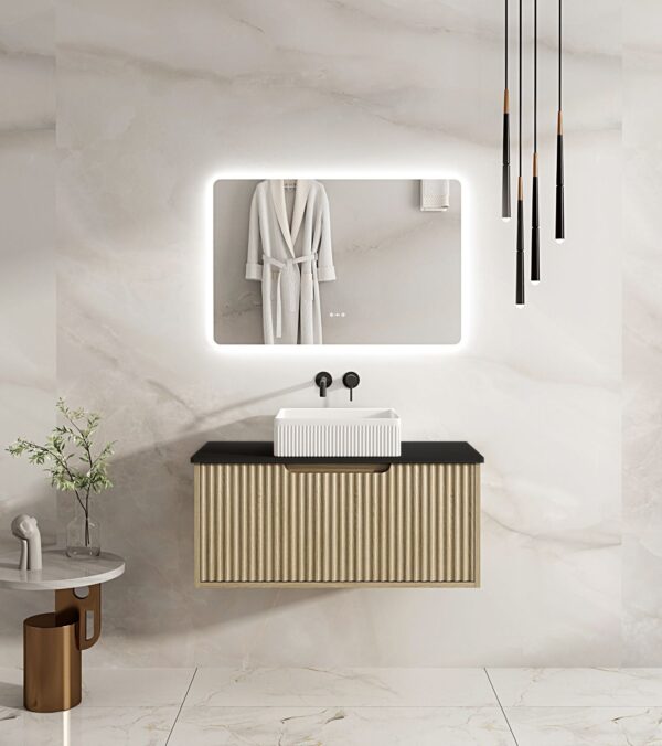 Fluted Rhea 900mm Wall-Hung Cabinet - Natural Oak - Image 12