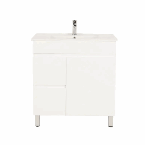Bianca PVC 75cm Floor Standing Vanity Cabinet (LHD) Gloss White with Ceramic Top