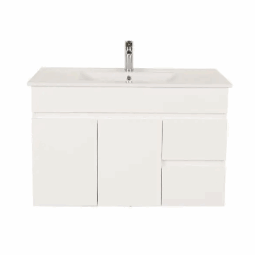 Bianca PVC 90cm Wall Hung Vanity Cabinet (RHD) Gloss White with Ceramic Top